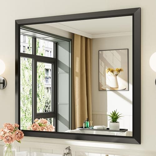 Briivue 40x36 Inch Black Bathroom Mirror for Wall, Thick Metal Framed Rectangle Mirrors for Over Sink, Bedroom, Living Room, Entryway, Anti-Rust, HD Tempered Glass - Image 1