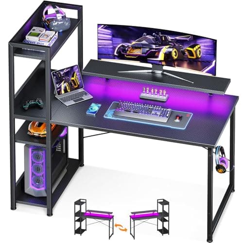 ODK Reversible Gaming Desk LED Lights, 40 Inch Computer Desk with Storage Shelves & Monitor Stand, Study Table for Home Office, Small Space Bedroom, Carbon Fiber Black - Image 1