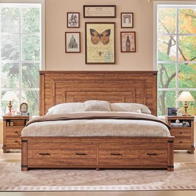 T4TREAM Farmhouse King Size Bed Frame with 54" Tall Geometric Headboard & 2 Large Storage Drawers, Rustic Wood Platform Bed with Wood Slats Support, No Box Spring Needed, Reclaimed Barnwood - Image 7