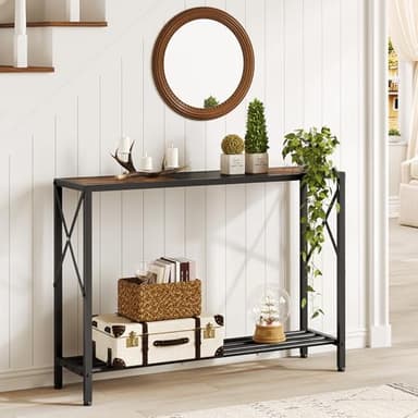 Tajsoon Console Table 41.8”, 2-Tier Industrial Entryway Table, Narrow Entrance Sofa Table with Shelves, Hallway, Living Room, Foyer, Corridor, Office, Rustic Brown and Black - Image 8