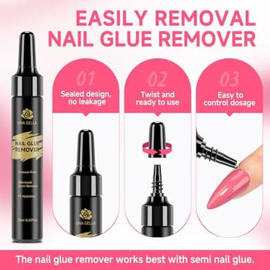 UNA GELLA Quick Removal Gel Nail Glue Remover for Press On Nails: Acrylic Nails Semi Solid Nail Glue Acetone-Free, Not for Gel Polish Base Coat Soak Off Remover Kit Drip Use, 12ml*2pcs - Image 5