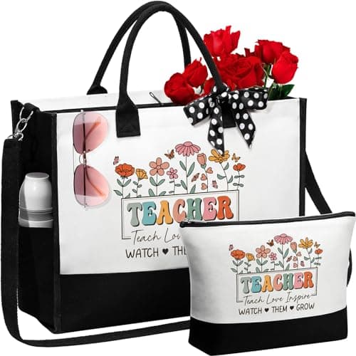 Best Teacher Appreciation Gifts for Women, End of Year Teacher Gifts from Student, Retirement Birthday Thank You Gifts Set for Teachers w/ Canvas Tote Bag & Makeup Bag Funny Daycare Teacher Gifts - Image 1