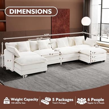 Ihanherry 146" U-Shaped Modern Sofa Modular Sectional Cloud Couch with 2 Ottoman, 6-Seat Chenille Deep Seat Sofa with 6 Pillows for Living Room, Bedroom and Apartment, Beige - Image 5