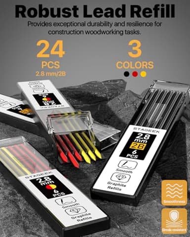 STAGEEK 2PCS Carpenter Pencils with Sharpener, Heavy Duty Woodworking Tools, Mechanical Pencil Set with 26 Refills, Deep Hole Long Nib Marker Pens for Architect Marking with Case (Black, Red) - Image 5