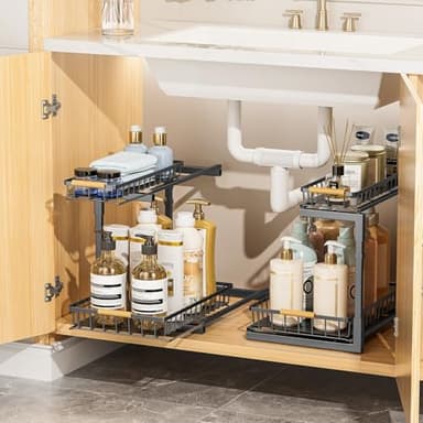 Delamu 2 Pack Under Sink Organizer and Storage, 2 Tier Pull Out Cabinet Organizer, Slide Out Under Sink Storage Shelf, Undersink Organizers Shelves for Kitchen Bathroom Pantry Organization - Image 9