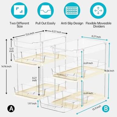 Delamu 2 Pack 3-Tier Bathroom Under Sink Organizers and Storage, Multi-Purpose Stackable Pantry Organization and Storage, Pull Out Clear Kitchen Bathroom Cabinet Organizer with Movable Dividers, Beige - Image 2