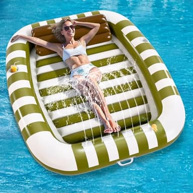 Pool Wave Inflatable Pool Lounger Floats, 80" x 66" Large Tanning Bed for Adult Kids, Outdoor Sun Bathing Floating Blow up Raft W/Pillow, Spray Water Mat, Summer Beach Lake Family Party Gift - Green - Image 4