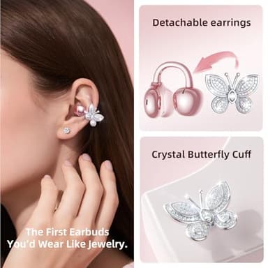 Kinglucky Jewelry-Inspired Clip-On Earbuds with Butterfly Earrings, Comfortable Fit & 50H Playtime Open Ear Bluetooth 5.4 Wireless Headphones for Women Gifts, Small Ears, Sports & Workouts (Rose Gold) - Image 2