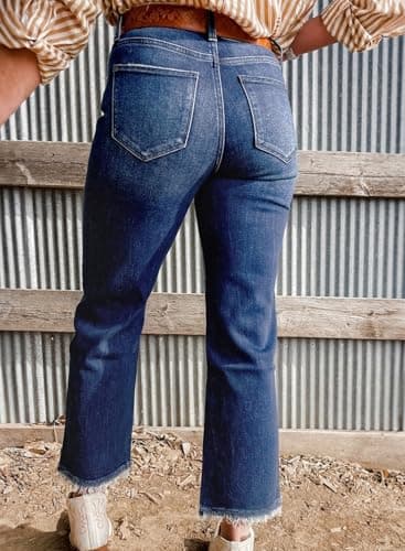 Astylish Flared Jeans for Women Trendy High Waisted Wide Leg Jeans Baggy Stretchy Raw Hem Cropped Denim Pants Size 10 Bluing - Image 5