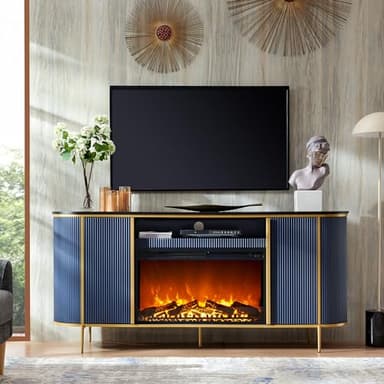 OKD Luxury 70" Fluted Fireplace TV Stand, Modern Chic Entertainment Center for TVs Up to 80 inches, TV Console with Faux Marble Top, Curved Profile Design, Media Console for Living Room, Navy Blue - Image 3