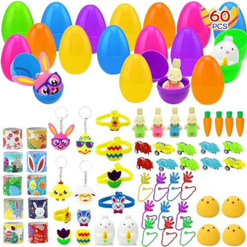 60 Pcs Prefilled Easter Eggs Filled with Assorted Toyst, Easter Basket Stuffers and Party Favors for Kids Boys and Girls - Image 1