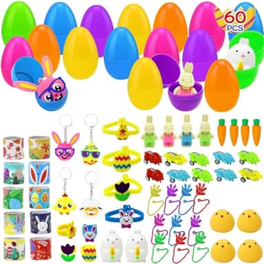 60 Pcs Prefilled Easter Eggs Filled with Assorted Toyst, Easter Basket Stuffers and Party Favors for Kids Boys and Girls - Image 1