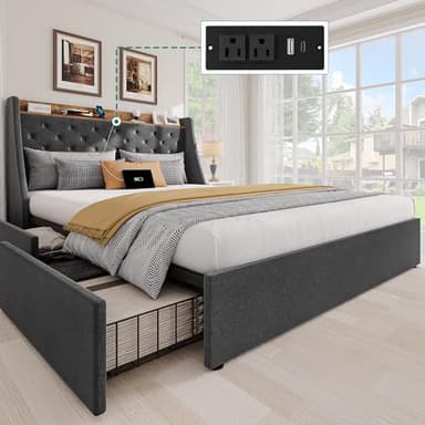 YITAHOME Queen Upholstered Platform Bed Frame with Wingback Headboard and 4 Storage Drawers, Built-in Outlets and USB Ports, Sturdy Wood Slats, No Box Spring Needed - Gray - Image 1