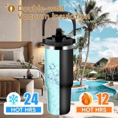 VUSIGN 30 oz Tumbler with Handle and Flip Straw, Stainless Steel Vacuum Insulated Water Bottle Travel Mug Thermal Cup for Home, Office, Car, Outdoors, Sports, Black - Image 2