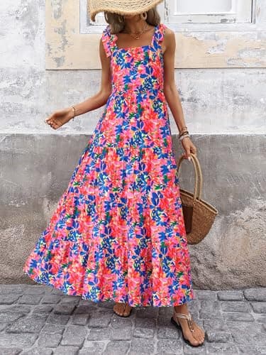 PRETTYGARDEN Womens Dresses 2025 Summer Floral Sleeveless Maxi Dress Casual Spaghetti Strap Tiered Flowy Beach Long Dress(Blue Pink,X-Large) - Image 2