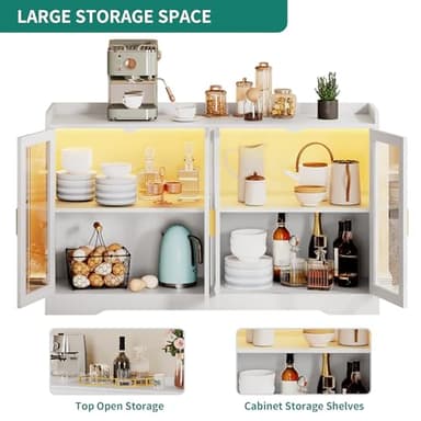 YITAHOME Home Bar Cabinet w/LED Light, 55" Liquor Cabinet with 4 Doors, Coffee Bar Cabinet with Adjustable Shelves, Wine Cabinet for Kitchen, Living Room, White - Image 7