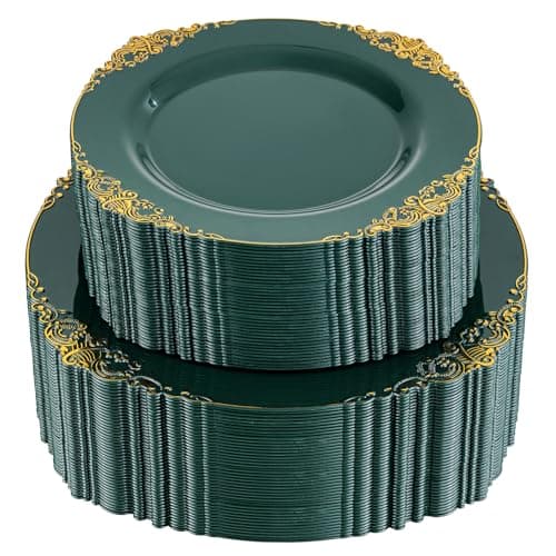 Joyido 102PCS Green and Gold Plates - Green Plastic Plate - Fancy Heavy Duty Disposable Plates - Heavyweight Disposable Dinner & Dessert Plate for 51 Guests for Party & Wedding - Image 1
