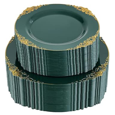 Joyido 102PCS Green and Gold Plates - Green Plastic Plate - Fancy Heavy Duty Disposable Plates - Heavyweight Disposable Dinner & Dessert Plate for 51 Guests for Party & Wedding - Image 1