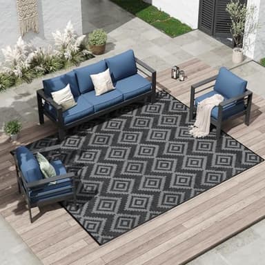 Outdoor Plastic Straw Rug - 5x8 ft Waterproof Patio Rug Clearance, Reversible Outdoor Carpet for RV, Camping, Deck, Balcony, Porch, Picnic, Backyard (Black & Grey) - Image 6
