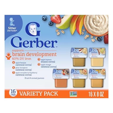 Gerber Stage 2 Baby Food, Baby Fruit And Cereal Tubs Variety Pack, Iron Helps Support Brain Development, No Artificial Flavors, Baby Cereal, 32-Pack - Image 1