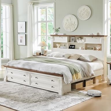 Farmhouse King Size Bed Frame with 54" Tall Storage Bookcase Headboard, Wood Platform Bed Frame with 2 Drawers & 18" Tall Roman Column Decoration Footboard, No Box Spring Needed(Antique White) - Image 3