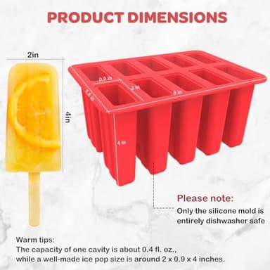 Miaowoof Homemade Popsicle Molds, 10-Cav Non-BPA Silicone Ice Pop Maker, with 50 Sticks, 50 Bags, 10 Reusable Sticks, Funnel, Brush and Ice Pop Recipe (Red) - Image 4