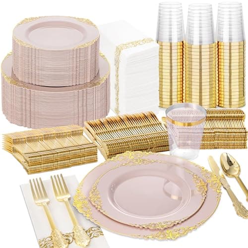 Nervure 350PCS Pink Plastic Plates - Pink Dinnerware Sets for 50 Guests - 100 Disposable Plates, 150 Gold Plastic Silverware, 50 Cups, 50 Napkins for Wedding & Party - Image 1