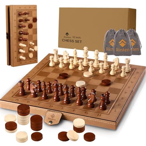 Rinten Chess Set Board for Kids & Adults, 12" Travel Magnetic Chess & Checkers Folding Board 2 in 1 Sets, Portable Folding Leather Chess Boards with 3 Velvet Bag Packaging Pieces - Image 1