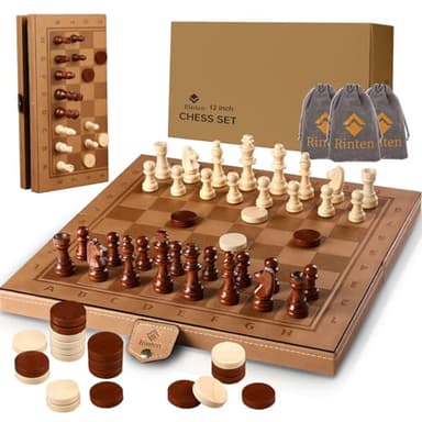 Rinten Chess Set Board for Kids & Adults, 12" Travel Magnetic Chess & Checkers Folding Board 2 in 1 Sets, Portable Folding Leather Chess Boards with 3 Velvet Bag Packaging Pieces - Image 1