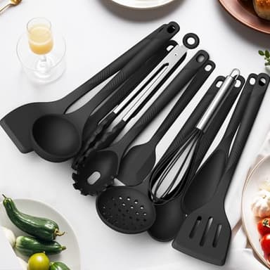 Silicone Cooking Utensils Set - 600°F Heat Resistant, Nonstick Kitchen Utensil Set with Spatulas, Spoons, Whisk, Tongs, BPA Free, Dishwasher Safe, Black - Image 4