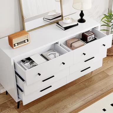 DWVO White 6-Drawer Dresser, Modern Wooden Chest of Drawers with Black Metal Handles & Anti-Tip Safety, Stylish Storage Cabinet for Bedroom, Living Room, Hallway, or Entryway - Image 3