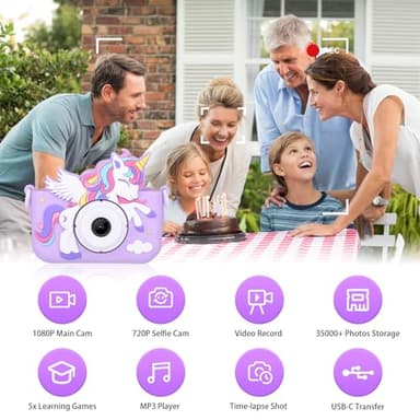 Envyvip Unicorn Toys Camera for Kids Girls Age 3-8, Toddler Kids Digital Camera Christmas Birthday Gifts for 3 4 5 6 7 8 Years Old Girl, Cute Selfie Video Camera, HD 1080P, 32GB SD Card, Purple - Image 2