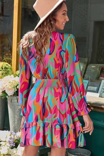 Dokotoo Fall Dresses for Women 2025 Sexy V Neck Ruffle Elegant Long Sleeve High Waist Chiffon Patterned Boho Swing A Line Mini Short Dress for Women Fall Wedding Guest Dresses Multicolor Small - Image 5