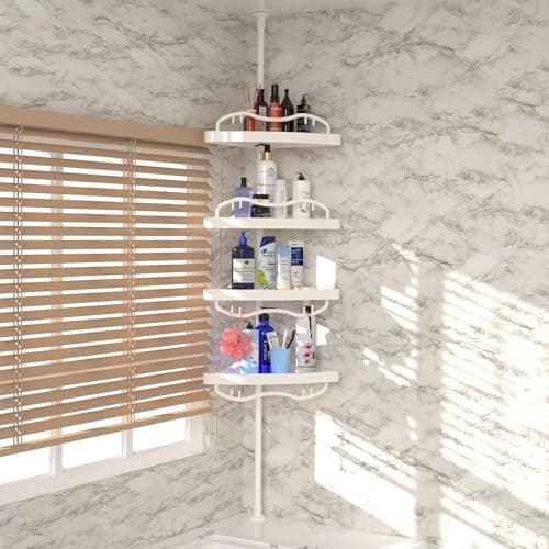 CALCHELE Shower Caddy Corner for Bathroom, Rustproof Bathtub Shower Storage Organizer for Shampoo Accessories, 4-Tier Adjustable Shelves with Tension Pole, 54 to 114 Inch White - Image 1