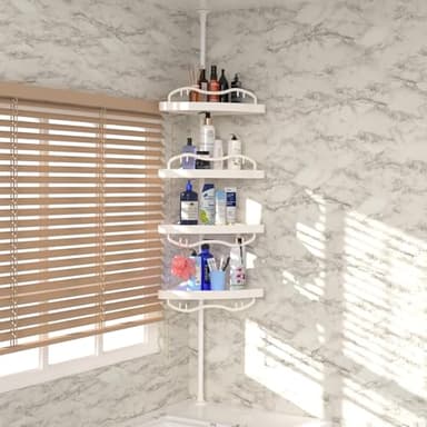 CALCHELE Shower Caddy Corner for Bathroom, Rustproof Bathtub Shower Storage Organizer for Shampoo Accessories, 4-Tier Adjustable Shelves with Tension Pole, 54 to 114 Inch White - Image 1