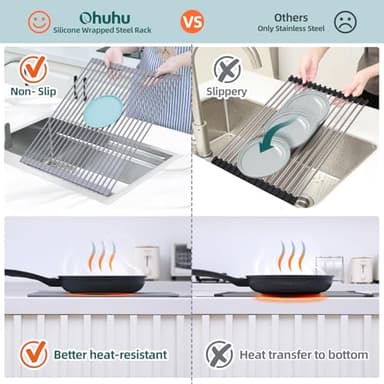 Ohuhu Sink Drying Rack, 20.5" W x 16.1" L Over The Sink Roll-Up Dish Drainer - Rolling Foldable Sink Accessories Heat-Resistant Mat Anti-Slip Silicone Coated Multipurpose for Kitchen Counter - Image 5