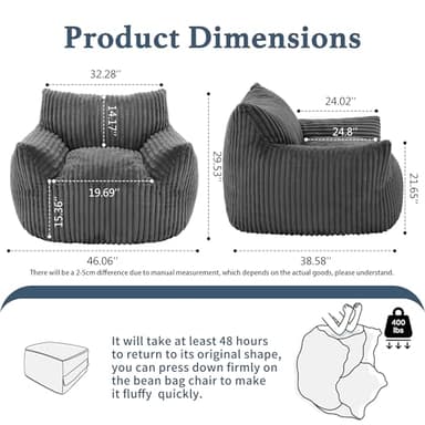 Giant Plush Bean Bag Chair for Adults with Armrests - Oversized Comfy Grey Beanbag Lounge Lazy Floor Sofa Accent Chair for Living Room, Bedroom & Dorm, Cozy Fluffy Single Cloud Mini Couch - Image 2