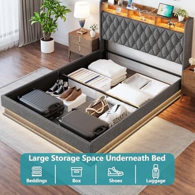 Queen Bed Frame with Storage - Lift Up Queen Size Bed Frame with Headboard, Upholstered Platform Bed with LED Lights & Charging Station, Hydraulic No Box Spring Needed Wood Slats Support, Grey - Image 5