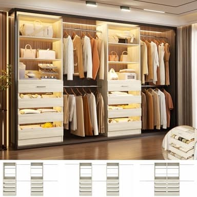 Aheaplus Closet System, 6-15Ft Closet Organizer with 8 Wooden Drawers, Wood Closet Organizer System with Tower, Walk-in Closet Organizer Wardrobe Garment Clothes Rack with 4 Hanging Rods, White Oak - Image 1