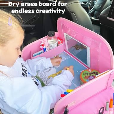 MENZOKE Kids Travel Tray for Toddler Car Seat, Lap Tray for Girl Activities with Dry Erase Board & Cooler Cup Holder, Road Trip Essentials Accessories with No-Drop Large Tablet iPad Holder Stand,Pink - Image 2