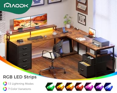 AODK 66" L Shaped Computer Desk, 113“ Reversible Home Office Desk with File Cabinet & 4 Fabric Drawers, Two Person Desk with LED Lights & Power Outlet, Corner Gaming Desk with Monitor Shelf, Vintage - Image 6