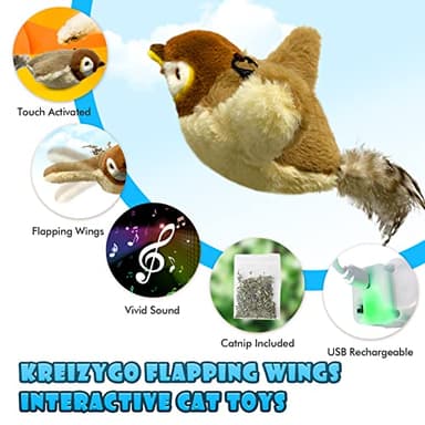KreizyGo Cat Toys, Flapping Wings Sparrow, No Flying, Chirping Bird Interactive Catnip Toy for Kitten or Small Dogs, Touch Activated, Rechargeable - Image 2