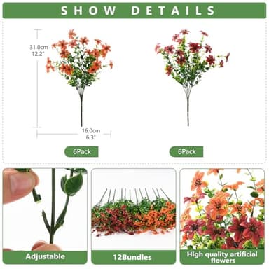 Artificial Mums Fake Fall Flowers for Outdoors Decoration, 12 Bundles Realistic Autumn Silk Daisy Faux Plants UV Resistant Decor for Home Garden Porch Patio Yard Balcony Window (Orange Brown) - Image 3