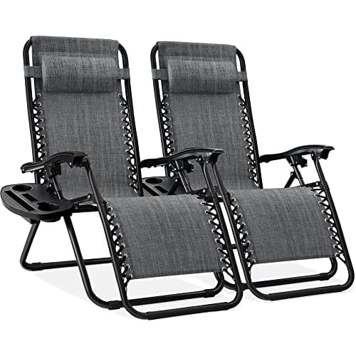 Best Choice Products Set of 2 Adjustable Steel Mesh Zero Gravity Lounge Chair Recliners w/Pillows and Cup Holder Trays - Gray - Image 1