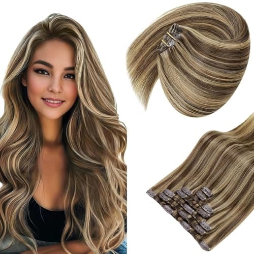 Sunny Hair Clip in Hair Extensions Straight Human Hair Clip in Extensions Remy Clip in Hair Extensions Real Human Hair Extensions Clip ins Full Head Dark Brown Highlights Caramel Blonde 22inch - Image 1