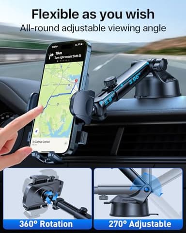[True Military-Grade] Car Phone Holder【2024 Stronger Suction & Clip】 Universal Cell Phone Holder for Car Mount for Dashboard Windshield Air Vent Long Arm Cell Phone Car Mount Thick Case (Drak Black) - Image 7
