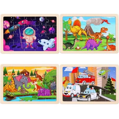 Wooden Puzzles Toys for Kids Ages 3-5, Set of 4 Packs Dinosaur, Space, Transportation Wood Toddler Puzzles, Preschool Brain Teaser Toys for Boys and Girls 2 3 4 5 6 Years Old - Image 3