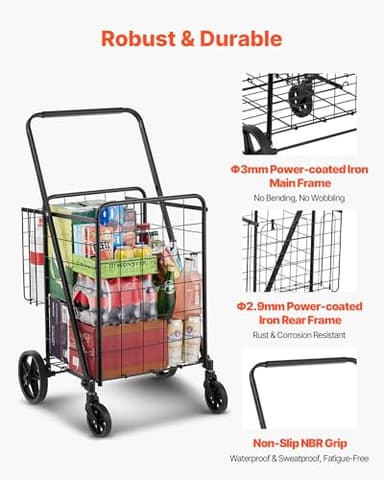 VEVOR Folding Shopping Cart, Jumbo Grocery Utility Cart with Double Baskets, 360° Swivel Wheels, 110 LBS Large Capacity Heavy Duty for Laundry, Shopping, Grocery, Luggage, Black - Image 6