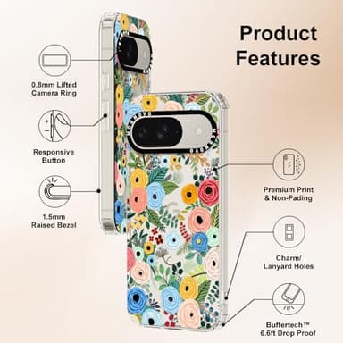MOSNOVO Case for Google Pixel 9 & Pixel 9 Pro, [Buffertech 6.6ft Military-Grade Drop Protection] [Anti Peel Off Tech] Clear TPU Bumper Phone Case Cover Design - Pastel Floral Garden - Image 6