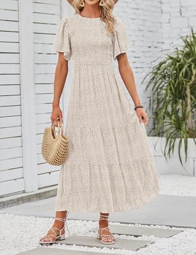 ZESICA Women's 2025 Summer Casual Floral Print Short Flutter Sleeve Crew Neck Smocked High Waist Flowy Maxi Dress,Beige,Large - Image 6